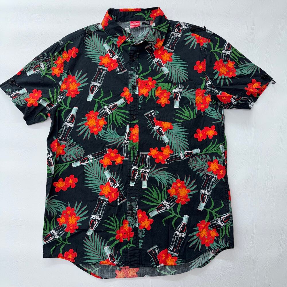 Coca Cola Hawaiian Shirt Mens Medium Black Tropical Floral Soda Bottle Button Up